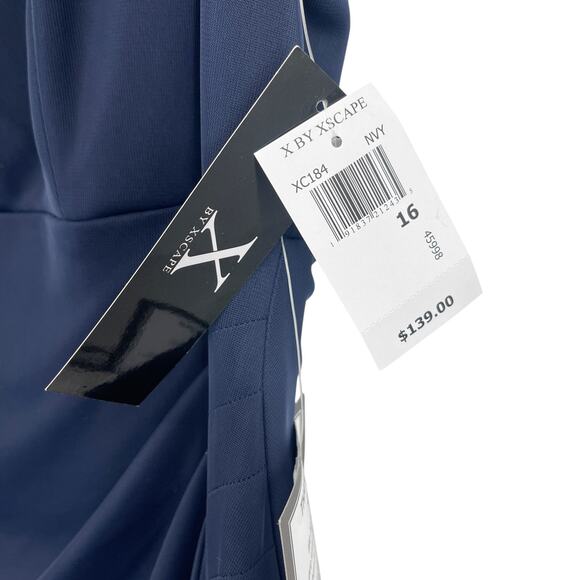 X BY XSCAPE Lace-Sleeve Chiffon Gown Navy Blue Size 16 NEW with tags! NWT - Picture 9 of 11